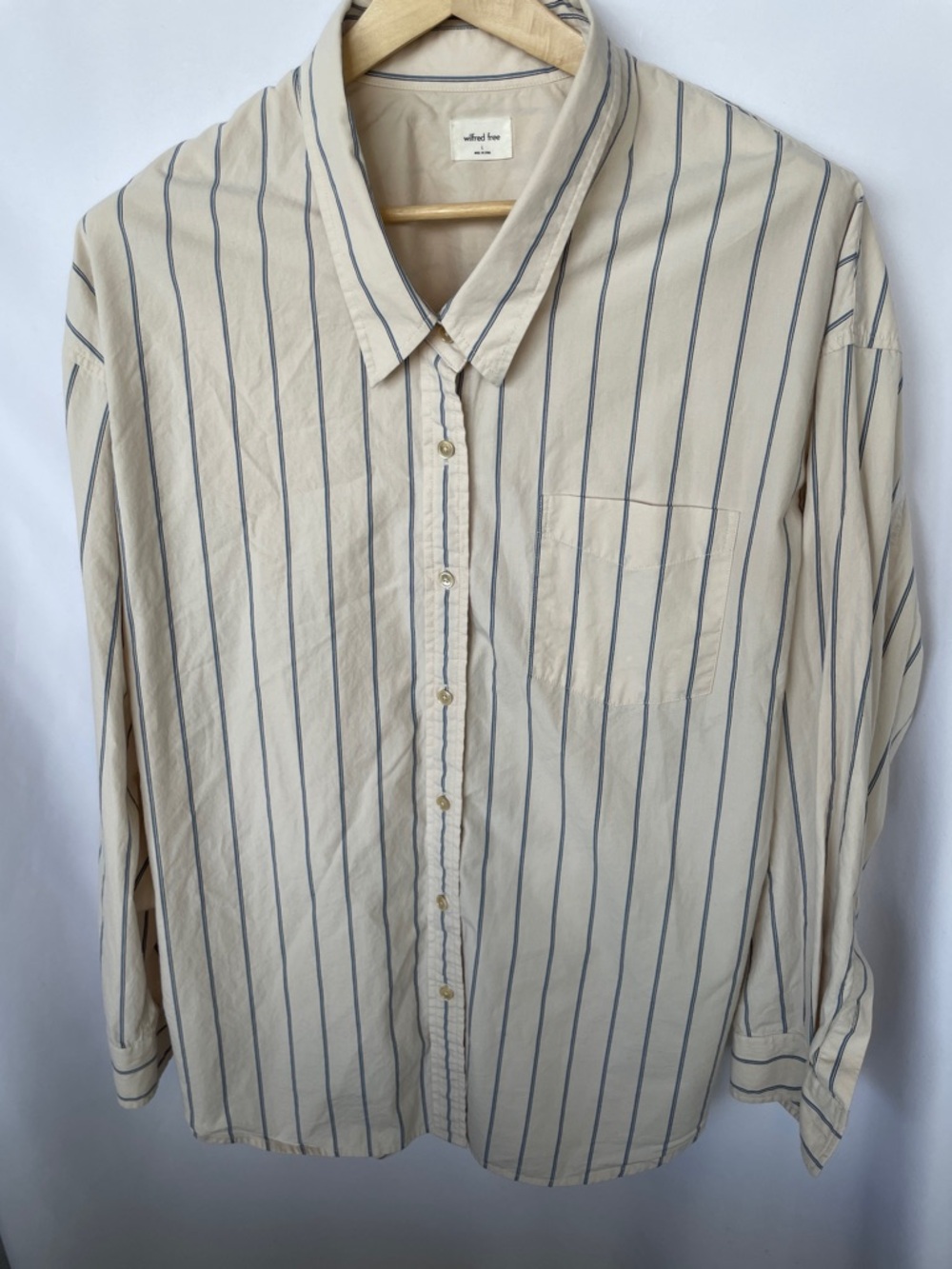 Wilfred Free Soft Cotton Cream w/ Blue & Black Stripe Oversize Button-down L